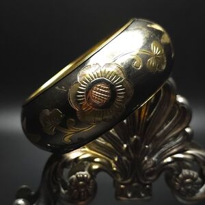 Wide brass bracelet. Black and brass engraved bracelet.